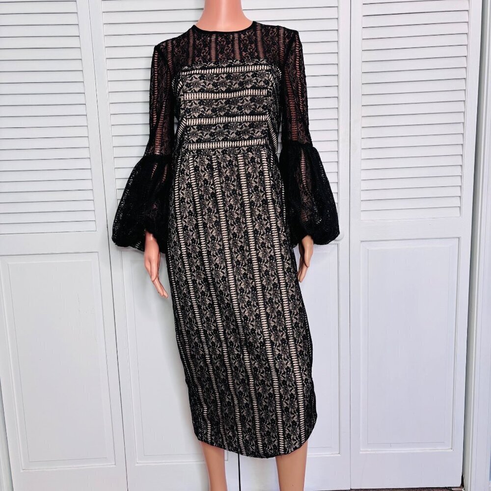REBECCA VALLANCE Lou Lou Gather Sleeve Black Lace Midi Dress Size 8